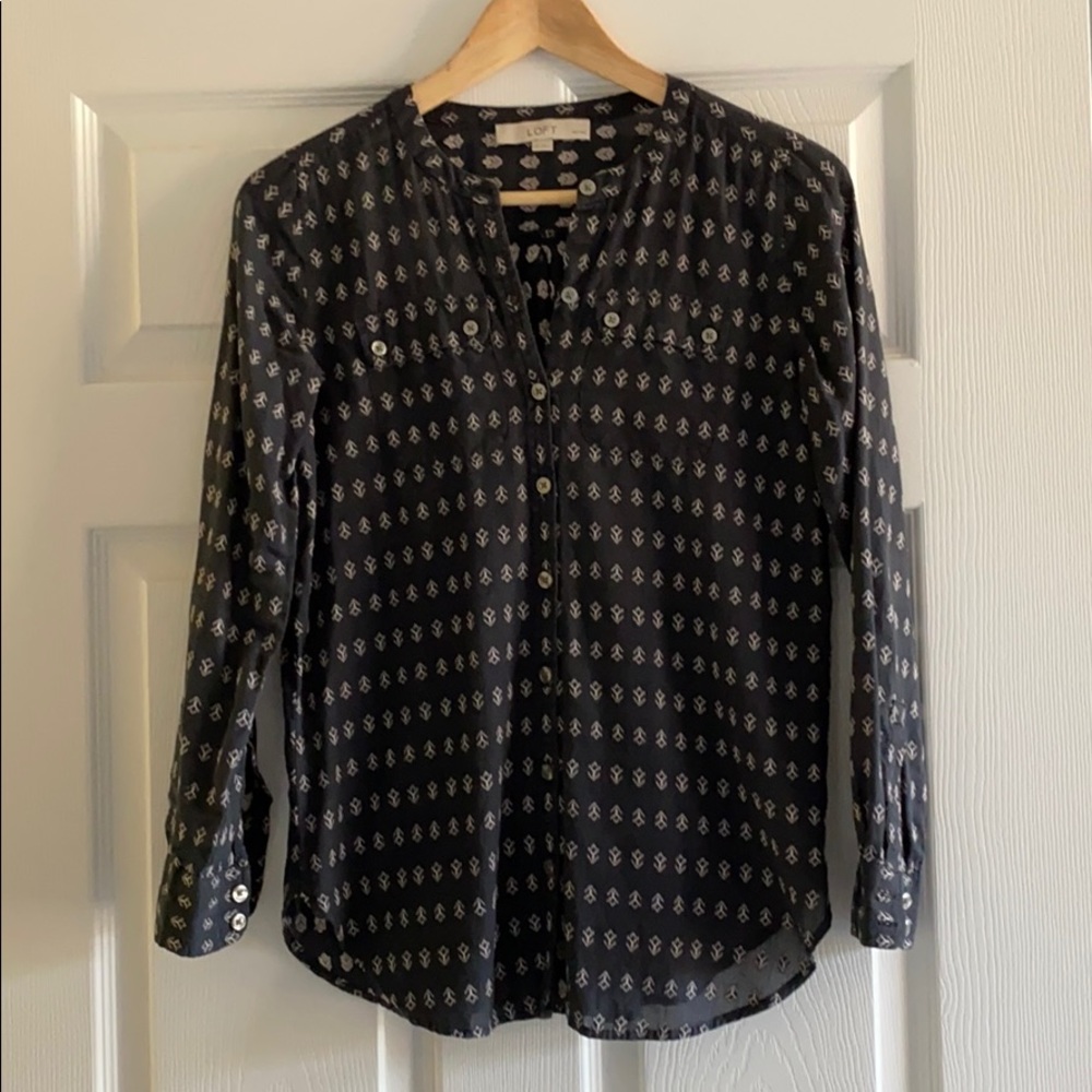 LOFT navy embroidered cotton blouse
